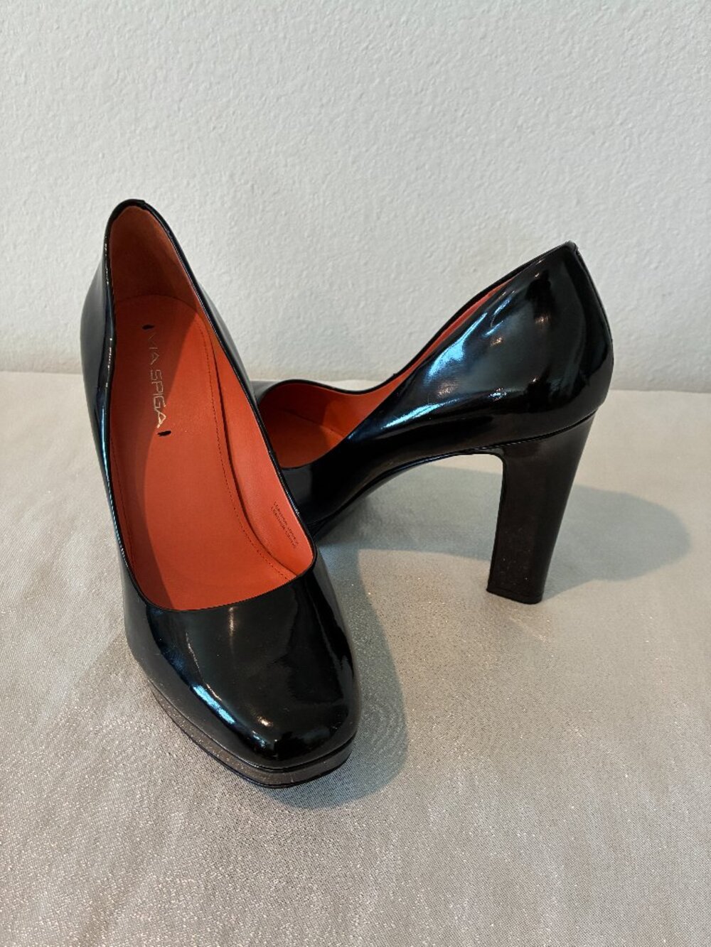 Via Spiga Women's Black Patent Leather Platform Block High Heel Shoes-size 9M